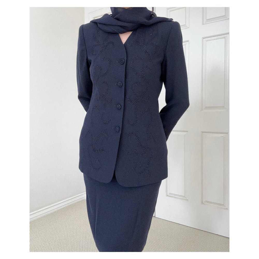 Rare Vintage KASPER Embroidered Navy Blue Blazer and Skirt Suit Set, With Scarf